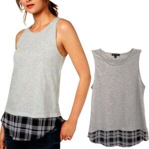 INC International Concepts Gray Sleeveless Top Plaid Hem Women's Large L NEW